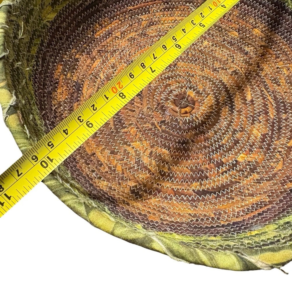 Fabric Wrapped Rope Basket Green And Brown 10” Handmade Earthy Boho Storage Tray - Picture 5 of 9